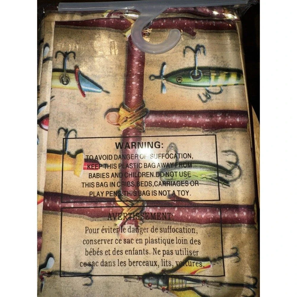 Rivers Edge Antique Lures Fabric Shower Curtain Plastic Hooks Fishing Cabin